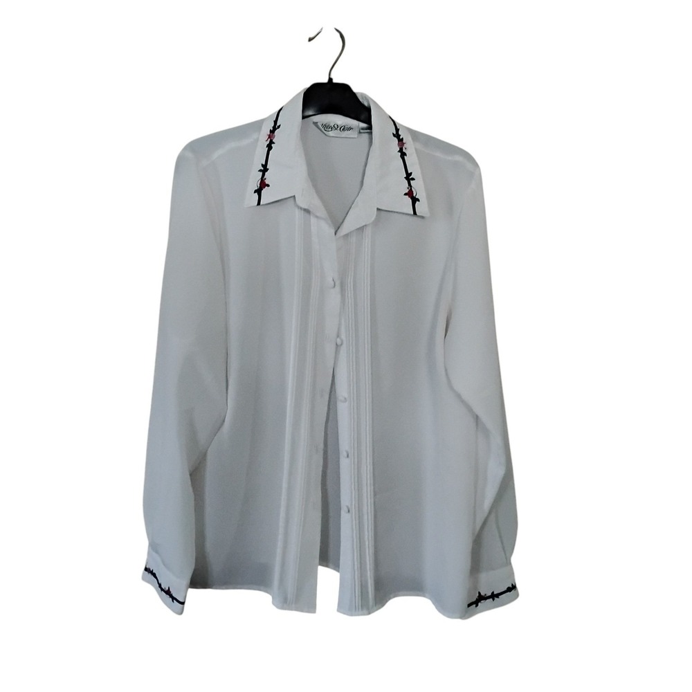 Yves St. Clair Vintage White Embroidered Pintuck Blouse Long Sleeve Size 14